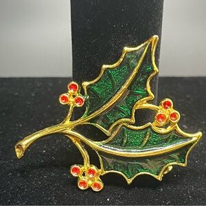 Holiday Vintage Beatrix Holly Leaves and Berries Enamel &
Rhinestone Brooch/Pin